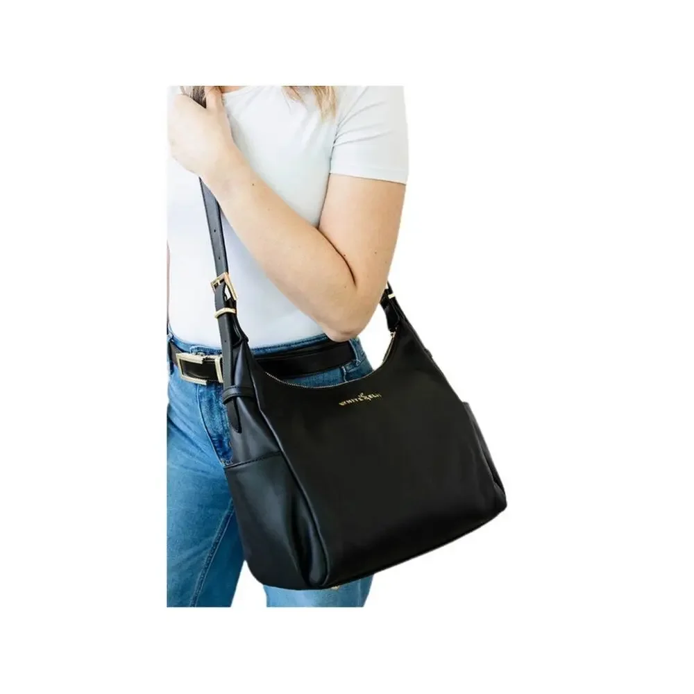 White Elm Camille Hobo Bag Black Shimmer Aqua Lining Silver Hardware NWOT